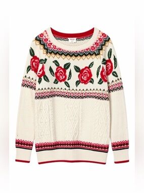 Massimo Cream Cable-Knit Crewneck Sweater with Red Rose Fair Isle
